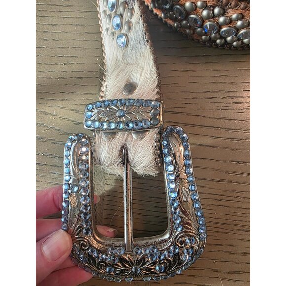Vtg BB Simon Leather Calf Hair Western Rhinestone Buckle Belt - Very Heavy - main image 5